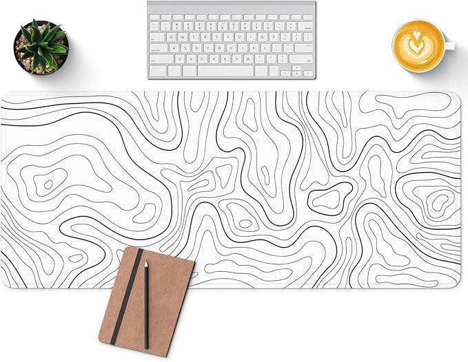 Large Computer Mouse Pad with Non-Slip Base for Desktop, Cute Gaming Mouse Mat with Stitched Edges, Long Extended Anime Mousepad for Laptop, 31.5 x 11.8 inches (White Topographic Map)