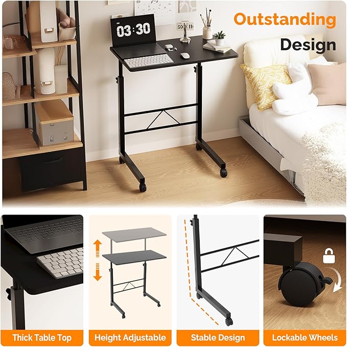 FCH Computer Workstation, Standing Desk Adjustable Height, Small Computer Desk w/Rolling, Sit Stand Laptop Desk TV Tray Computer Workstation for Bed Sofa Hospital Reading Eating, 23.6", Black