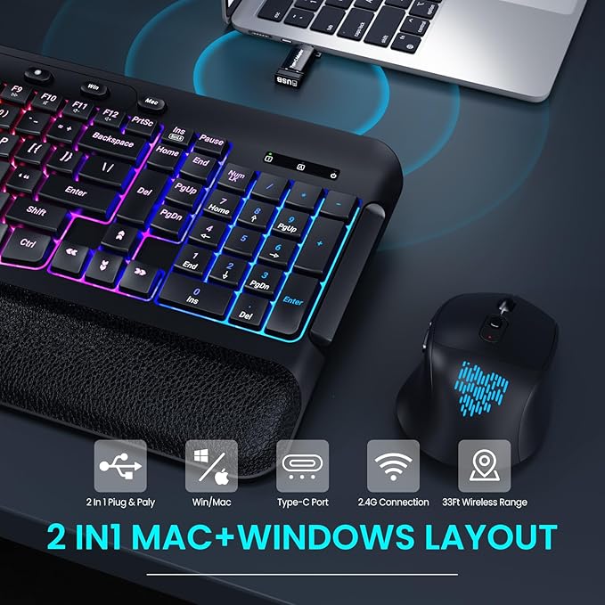 Wireless Keyboard and Mouse Combo, Ergonomic Wave, 9 RGB Backlit Effects, Leather Wrist Rest, Rechargeable 2.4G Silent Set for Computer/Windows/Mac, Black
