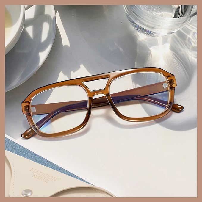Madison Avenue Retro Aviator Blue Light Blocking Glasses for Women Men with Case, Trendy Rectangle Computer Eyeglasses
