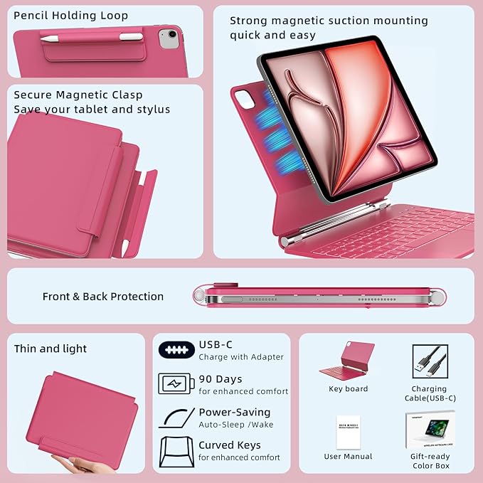 for iPad Air 11 inch Case with Keyboard (M4/M3/M2, 2026/2025/2024), iPad Pro 11 (4th/3rd/2nd/1st Gen) & Air 5/4th Magic Keyboard Case, Backlit, Multi-Touch Trackpad, Hot Pink