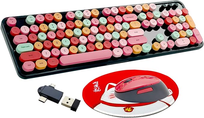 Wireless Keyboard and Mouse Combo, Ergonomic Cute Retro Typewriter Full Size Colorful USB Cordless Keyboard Mouse Set for Gaming and Office (Red)