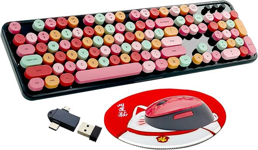 Wireless Keyboard and Mouse Combo, Ergonomic Cute Retro Typewriter Full Size Colorful USB Cordless Keyboard Mouse Set for Gaming and Office (Red)