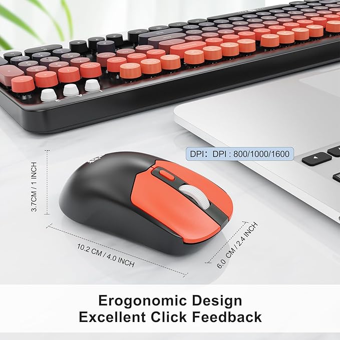Wireless Keyboard Mouse Combo,Typewriter Cute Retro Style,104 Round Key Colorful Keyboard with Number Pad,Letton Full Size Keyboard Mouse with 3 DPI for PC Laptop Computer-Black Orange
