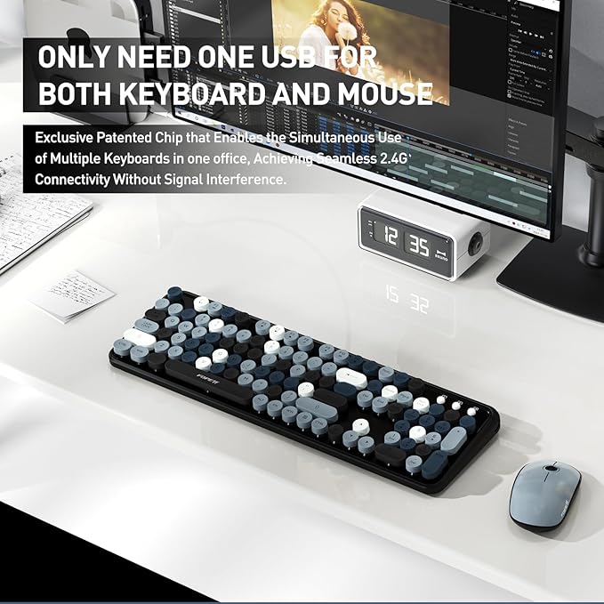 Cute Retro Wireless Keyboard and Mouse Combo with Round Key, 2.4Ghz Dropout-Free Connection, Typewriter Wireless Keyboard and Mouse Set for PC, Laptop, Desktop Computer - Grey Colorful