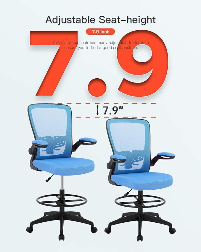 BestOffice Drafting Chair Tall Office Chair Adjustable Height with Lumbar Support Arms Footrest Mid Back Standing Desk Chair Swivel Rolling Mesh Computer Chair Standing Desk Drafting Stool Blue