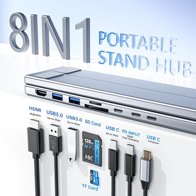 Laptop Docking Station Stand, 8 in 1 USB C Hub HDMI Portable Laptop Stand with USB Ports, USB C Multiport Adapter USBC Dock Station Computer Holder for MacBook Pro/Air, Dell, HP, Lenovo, ASUS