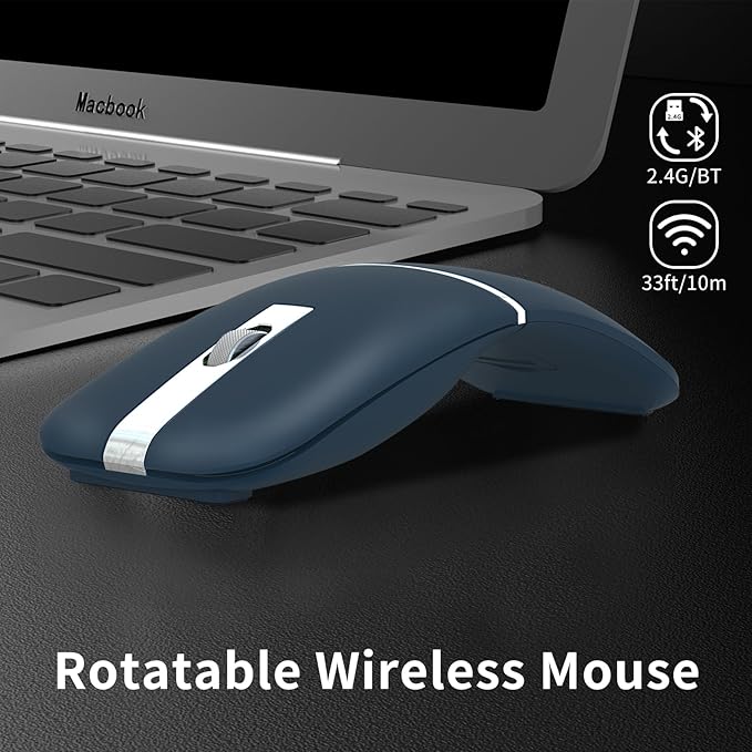 Bluetooth Arc Travel Mouse - BT & USB Wireless Dual Mode, Rechargeable Slim Rotatable Portable, 3-Speed DPI, Silent Computer Mouse for Microsoft Laptop PC Chromebook Tablet - Sapphire Blue
