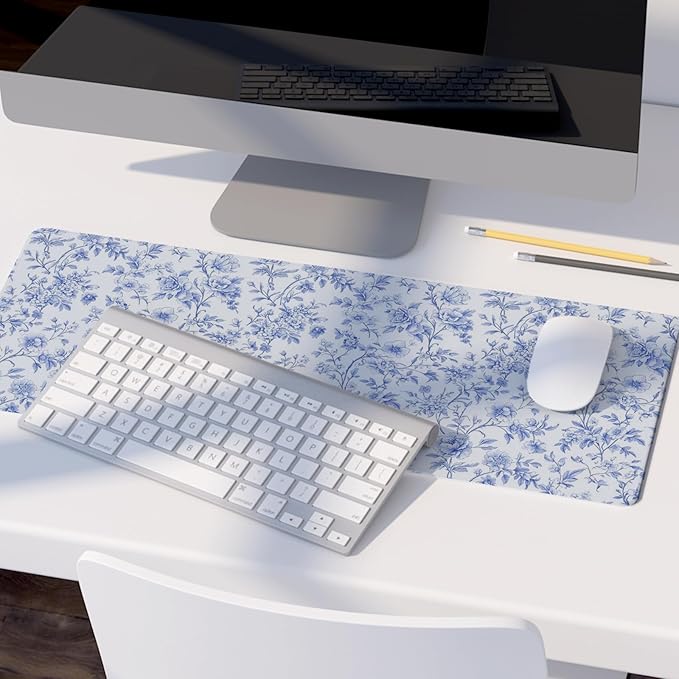 Light Blue Chinoiserie Mouse Pad,Vintage Blue and White Floral Desk Mat,XL Large Vintage Floral Preppy Mouse Pad,Girly Laptop Desk Mat for Dorm Home Office Decor,31.5x11.8 in