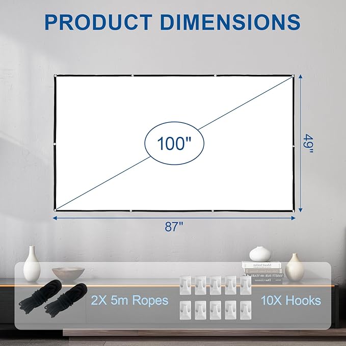 LIHONG 4K Projector Screen, 16:9 HD Foldable Portable Double Sided Anti-Crease Projection Screens for Indoor Outdoor Use, Home Theater, Party, Office, Classroom (100" 16:9)