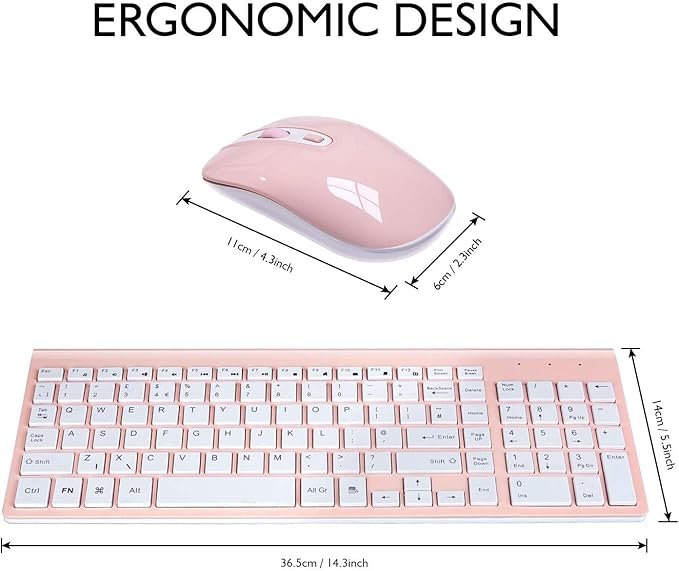 cimetech Wireless Keyboard and Mouse Combo, Compact Silent Ergonomic Scissor Switch Keyboard and Optical Mouse Set, 2.4G Lag-Free Cordless Keyboard Mice for Computer, Mac, Laptop, PC, Windows - Pink