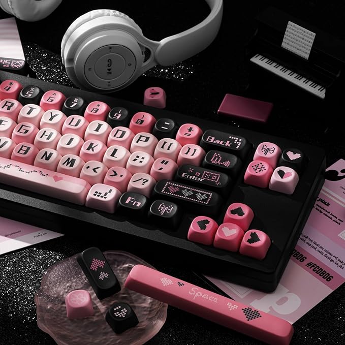 131 Keys PBT Keycaps Dye-Sublimation Black and Pink MOA Profile Custom Cute Keycaps for Cherry Gateron MX Swithes Mechanical Keyboards