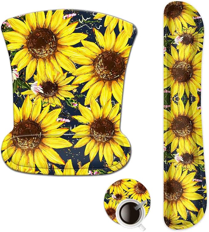ToLuLu Keyboard Mouse Pad Wrist Rest Set, Gel Ergonomic Mouse Pads for Computer Laptop Office Home, Comfortable Mousepad Keyboard Wrist Support Memory Foam for Easy Typing Pain Relief, Nice Sunflower