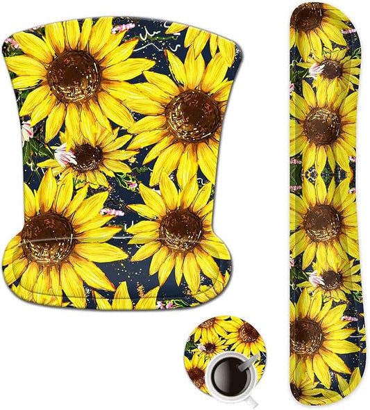ToLuLu Keyboard Mouse Pad Wrist Rest Set, Gel Ergonomic Mouse Pads for Computer Laptop Office Home, Comfortable Mousepad Keyboard Wrist Support Memory Foam for Easy Typing Pain Relief, Nice Sunflower
