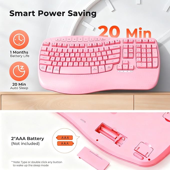 MEETION Wireless Ergonomic Keyboard, Wave Keys Wrist Rest Natural Typing Keyboard, 2.4G USB-A Cordless Receiver and USB-C Adapter, Ergo Computer Keyboard Compatible with Windows/Mac/Laptop/PC, Pink