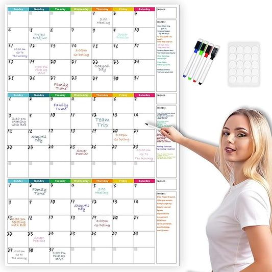 Dry Erase Calendar for Wall 24" x 36" - Undated 3 Month Wall Calendar Dry Erase Reusable Whiteboard Calendar, Vertical Erasable Monthly Planner for Home Office School Planning