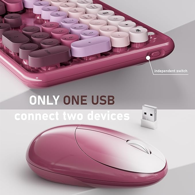 UBOTIE Wireless Keyboard and Mouse Combo with Phone Holder and Wrist Rest, Round Colorful Keys, Power Switches, 2.4GHz USB Receiver, Full-Size QWERTY Layout for PC Laptop(Rose-Red Gradient)
