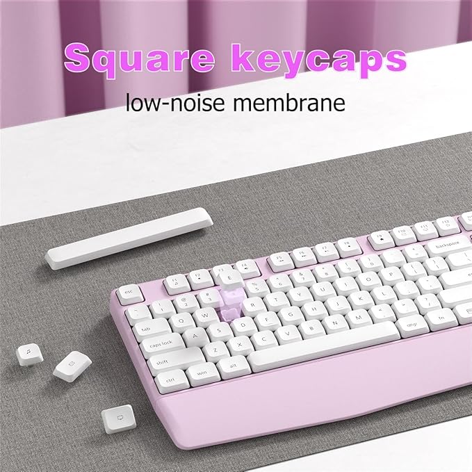 Wireless Keyboard and Mouse Combo, Ergonomic Keyboard with Wrist Rest, 2.4Ghz Wireless Connection, Compatible with PC/Laptop/Windows/Mac for Home and Office Use (White Pink)