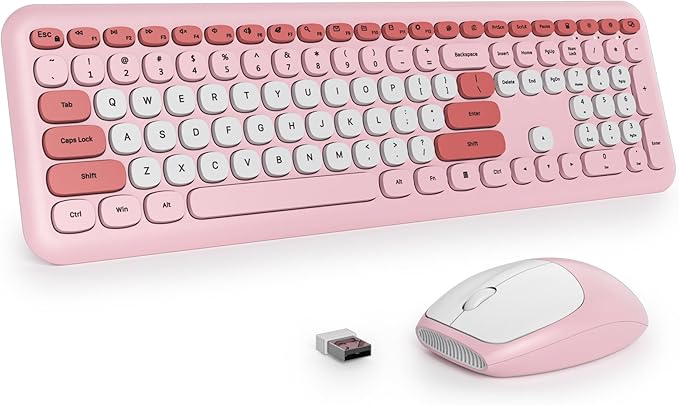 surmen Cute Wireless Keyboard and Mouse Combo, Pink Wireless Keyboard with Silent Mouse, Full Size Slim Low-Noise Soft Touch Round Keys for Home and Office,（6-Pink）