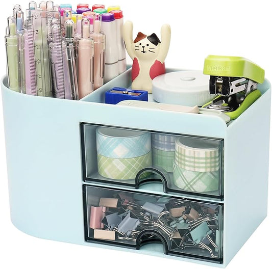 Desk Organizer with Drawer, Pen Organizer for Desk, Small Pencil Holder, Desk Organizers and Accessories for Office Home Storage (2 Drawers+4 Compartments, Blue)