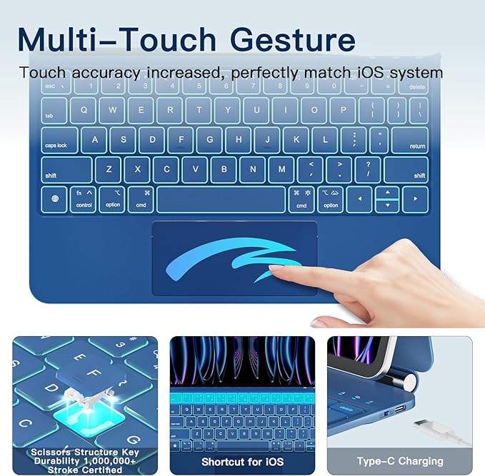 for iPad Air 11 inch Case with Keyboard (M4/M3/M2, 2026/2025/2024), iPad Pro 11 (4th/3rd/2nd/1st Gen) & Air 5/4th Magic Keyboard Case, 11 Colors Backlit, Multi-Touch Trackpad, Steel Blue