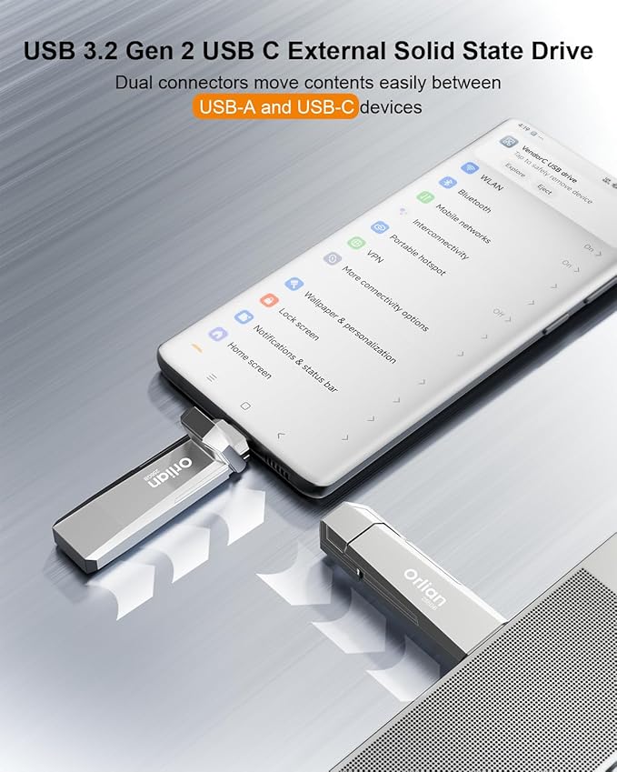 256G External Portable SSD USB Solid State Drive, Up to 1000MB/s 3.2 Gen 2 Solid State, Type C + USB A Dual Drive for Phone/Android Laptops/Windows/Mac, Silver