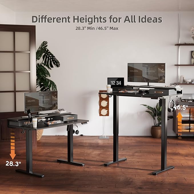 Seang Electric Standing Desk with 2 Drawers, Adjustable Standing Desk with Storage Shelf, Height Adjustable Stand up Desk for Home Office with 3 Presets & 2 Hooks, 48 Inch, Black