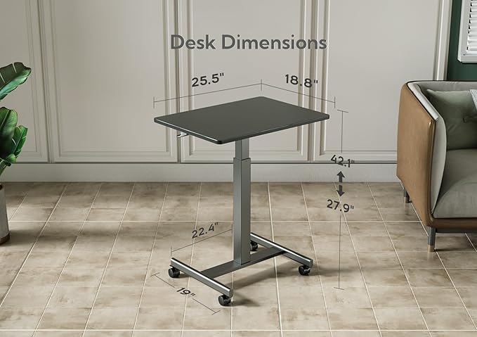 Claiks Mobile Standing Desk, Small Rolling Adjustable Desk with Wheels, Pneumatic Mobile Desks Workstation with Hook, Black