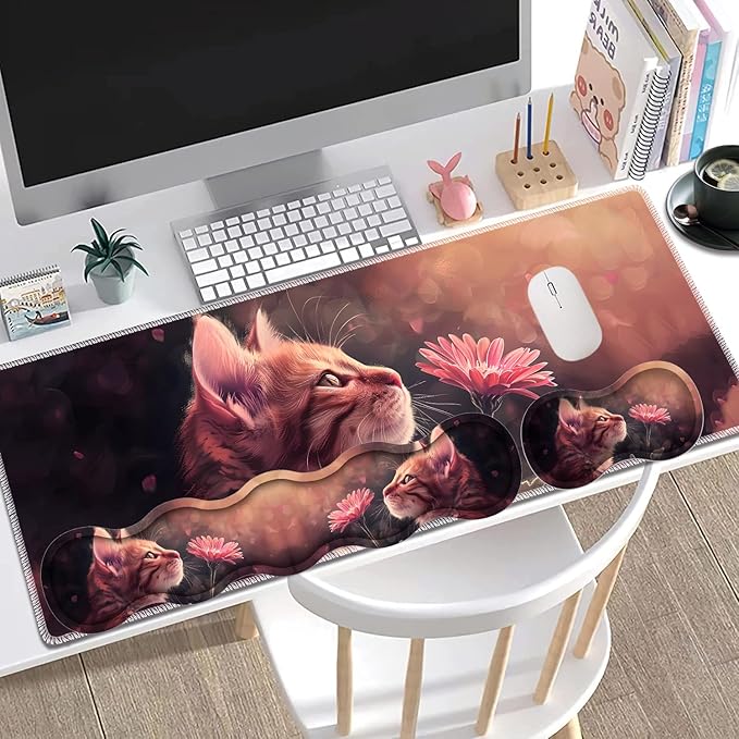 Large Gaming Mouse Pad + Keyboard Wrist Rest + Wrist Support + Coaster Set, Memory Foam Ergonomic for Easy Typing, XXL Extended Gaming Mouse Pad Table Pad - Kitten Daisy