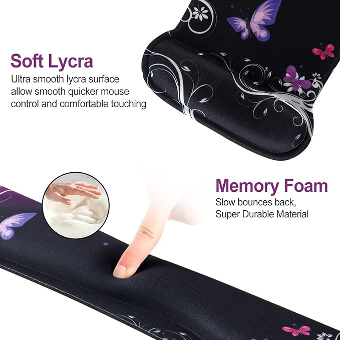 ToLuLu Keyboard Wrist Rest Pad Ergonomic Mouse Pad Set, Mouse Pad for Computer Laptop, Non Slip Mousepad Keyboard Wrist Support with Raised Memory Foam for Easy Typing Pain Relief, Purple Butterfly