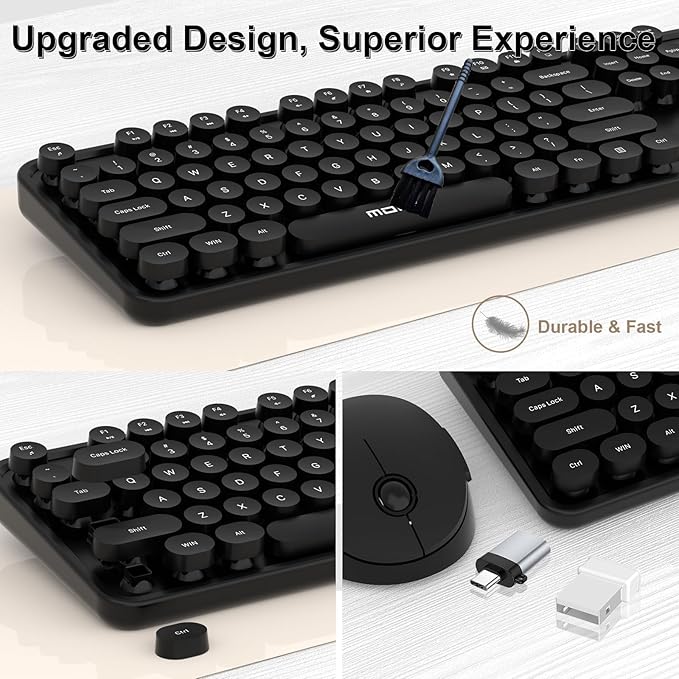 Wireless Keyboard and Mouse Combo, MOFII 104 Keys Full-Size Retro Round Keys Typewriter Keyboards Ergonomic Keyboards and Mouse Wireless for Windows, PC, Laptop, Desktop Black