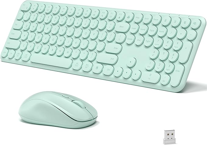 Wireless Keyboard and Mouse Combo, 110 Round Quiet Keys, Adjustable Optical Mouse, Share 1xUSB Receiver, Power Switch, for Windows Mac(Green)
