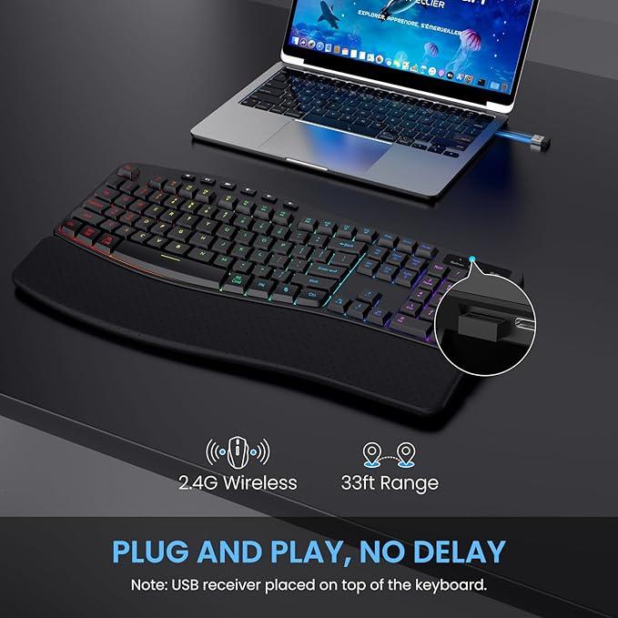 Wireless RGB Backlit Keyboard, 2500mAh Rechargeable Keyboard with 15 RGB Lighting Effects, 5 Brightness Modes, Multimedia Keys, Silent Ergonomic Keyboard for PC Computer Laptop Windows Mac