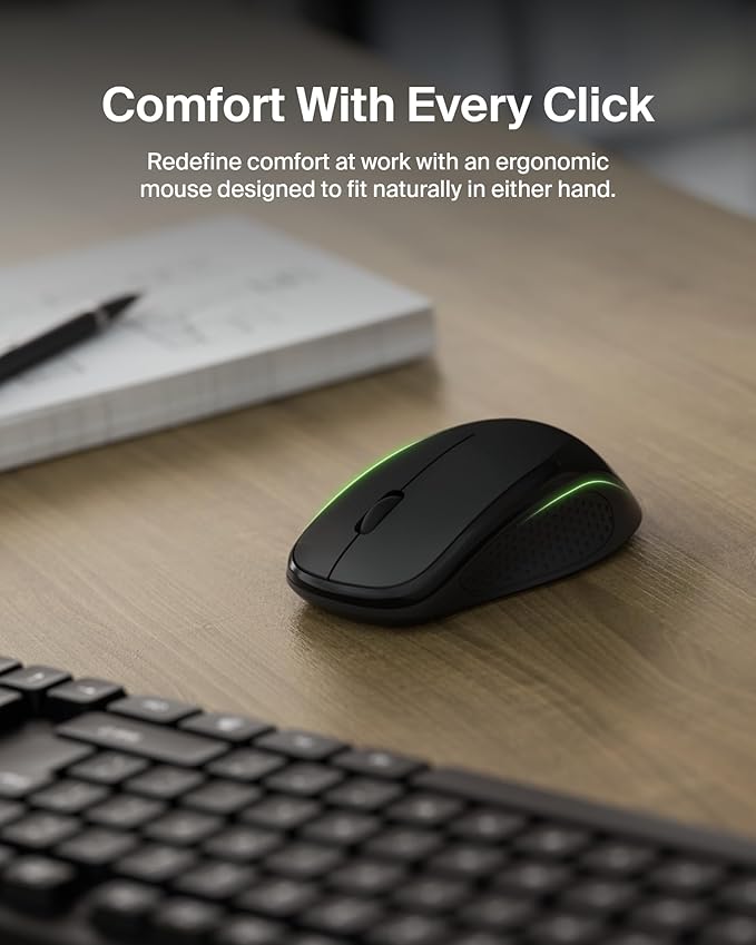 Belkin Wireless Keyboard and Mouse with USB-A Receiver - Keyboard Set w/Wireless Mouse, Ergonomic Design for Home, Office, Desk, Compatible with Laptop, PC, Windows - Batteries Included - Black