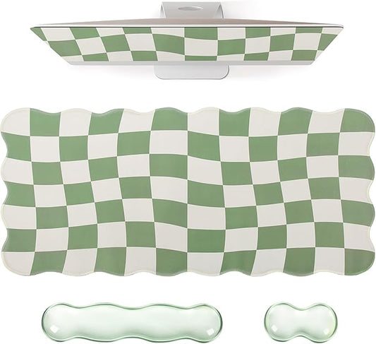 L-SPOUTTO Green Checkered Mouse Pad Set,Scalloped XXL Desk Mat + Ergonomic Mouse Wrist Rest + Gel Keyboard Wrist Rest for Keyboard 65%/75%,3in1 Large Desk Pad for Desktop Home Office Computer Game