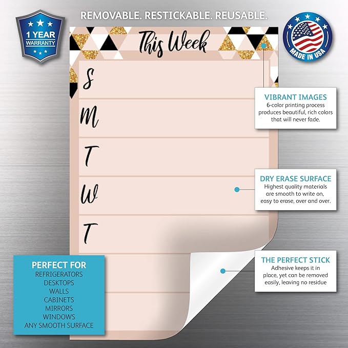 Dry Erase Weekly Calendar Planner Sticker Decal | Removable & Reusable | Magnetic Fine-Tip Marker Included (6 x 9 inches, Rose & Gold)