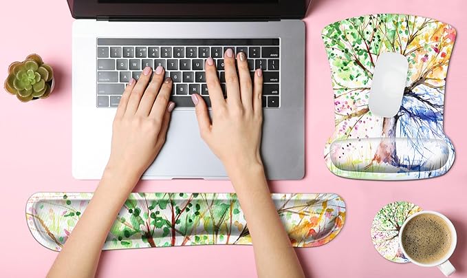 Ergonomic Mouse Pad with Wrist Rest Support and Keyboard Wrist Rest Pad, iDonzon Cute Wrist Pad with Non-Slip Rubber Base and Raised Memory Foam, Easy Typing & Pain Relief, Four Seasons Tree
