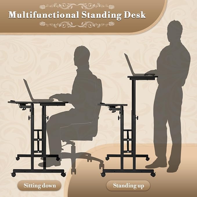 Athena Collection Height Adjustable Rolling Desk Mobile Portable Laptop Stand Cart Small Sit Standing Desk Computer Table Workstation for Home Office, Black