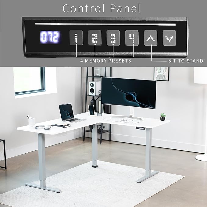 VIVO Corner Standing Desk, 63 x 55 inch Reversible L-Shaped Workstation, Electric Height Adjustment, Home, Office, and Reception Rooms, White Table Top Gray Frame, DESK-E3CTGW