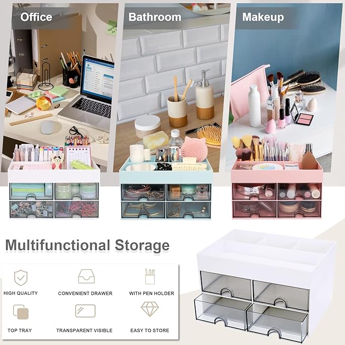 Desk Organizer, Office Organizer with Drawer, Desk Accessories & Workspace Organizers, Pen Holder Office Supplies for Desk (4 Drawers+4 Compartments, White)