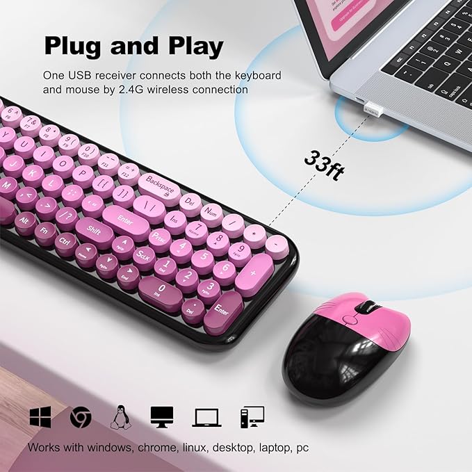 Wireless Keyboard and Mouse Combo, MOWUX Compact Typewriter Retro Round Computer Keyboard, Cute Optical Mouse Wireless, Plug and Play, for Laptop, PC, Computer- Black Pink Gradient