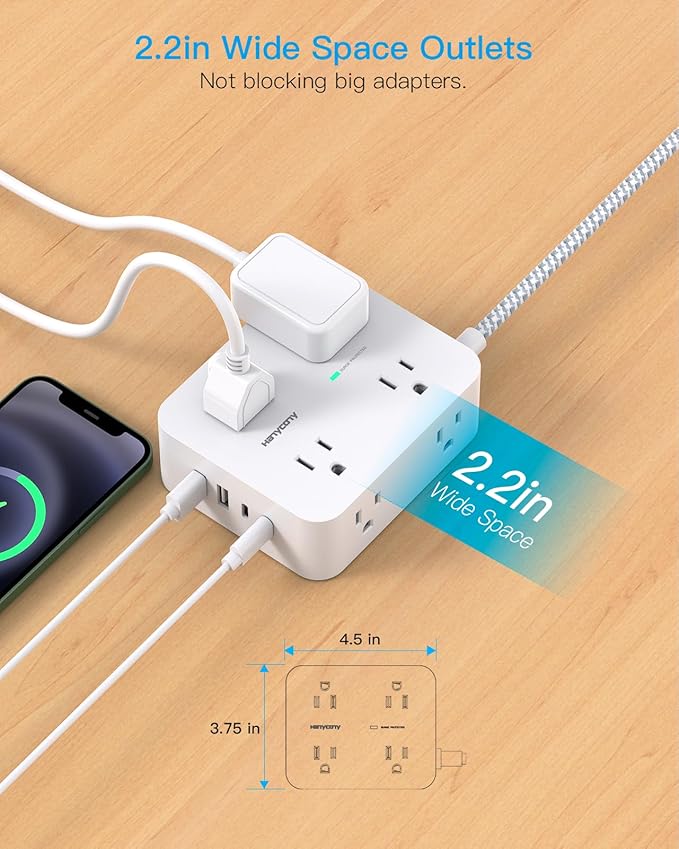 Extension Cord 25 Ft, HANYCONY 1080J Surge Protector Power Strip Long Cord with 8 AC Outlets and 4 USB Ports (2 USB-C), Wall Mount, Desk Charging Station for Home Office College Dorm Room Essentials