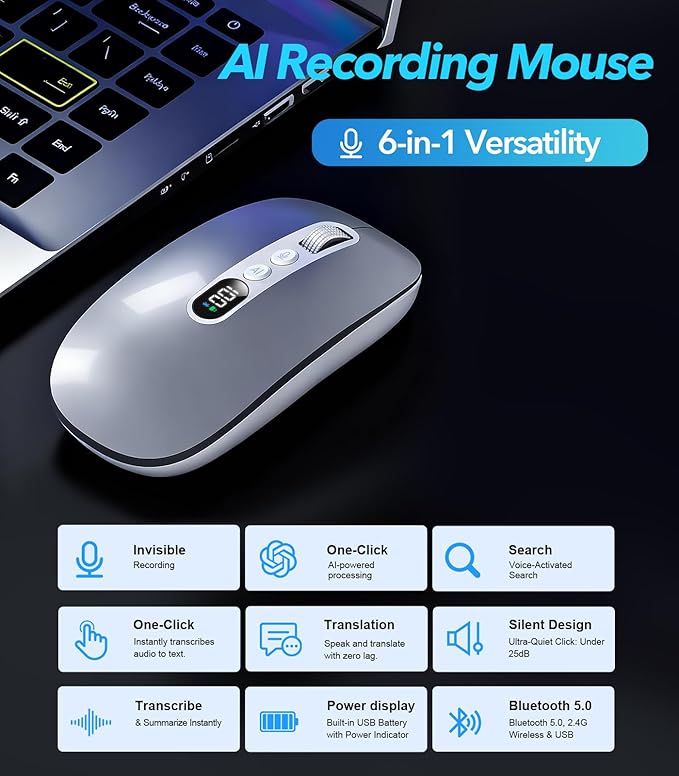 AI Wireless Mouse for Laptop PC- Enabled Bluetooth Mouse with Voice Recording & AI Summarize,Ergonomic Presenter Laser Pointer Remote,USB Rechargeable High-Performance Office Device