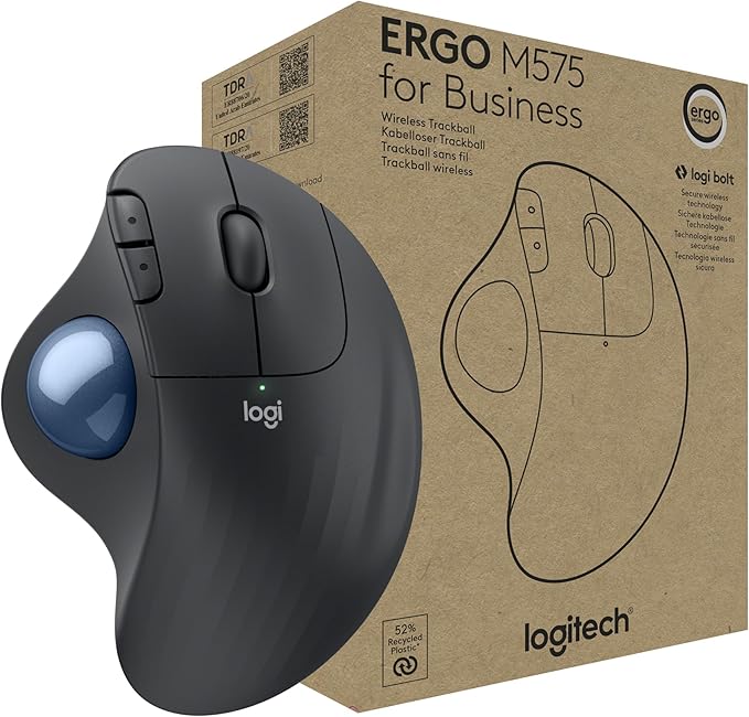 Logitech Ergo M575 Wireless Trackball for Business - Easy Thumb Control, Ergonomic Design, Secured Logi Bolt, Bluetooth, Globally Certified, Windows/Mac/Chrome/Linux - Graphite