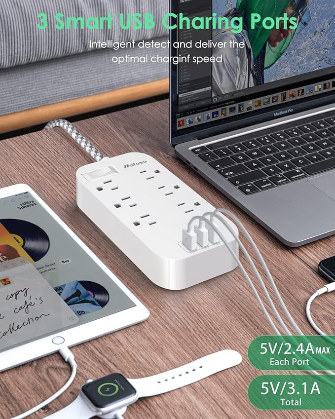 Flat Power Strip - 5 FT Plug Extension Cord, 6 Outlets 3 USB Ports Outlet Extender with Overload Protection, Wall Mount, Desktop Charging Station for Home, Office and Dorm Essential