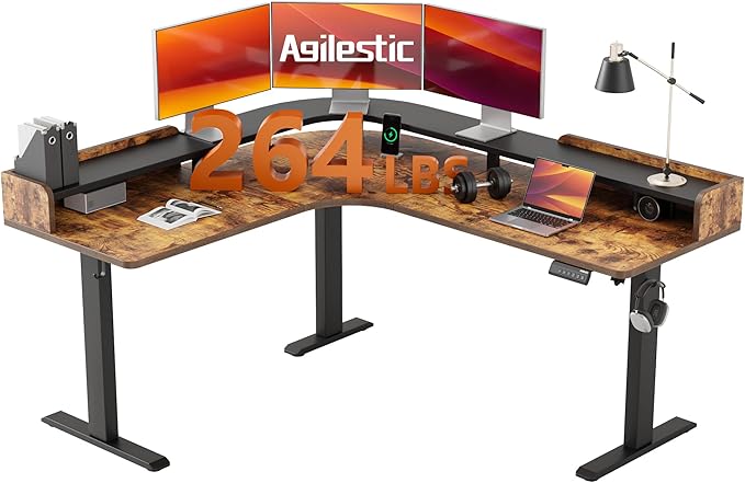 Agilestic L Shaped Standing Desk, Corner Desk with Monitor Shelf, Adjustable Height Gaming Table, Sit Stand Up Table, 63 x 55 Inch Home Office Computer Workstation, Splice Board, Rustic Brown