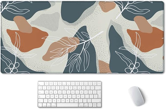 SSOIU Extended Gaming Mouse Pad (35.5x15.7 in), Large Stable Rubber Base Mousepad with Stitched Edges, Keyboard Mouse Mat Desk Pad for Work, Game, Office, Home - Abstract Flowers and Leave