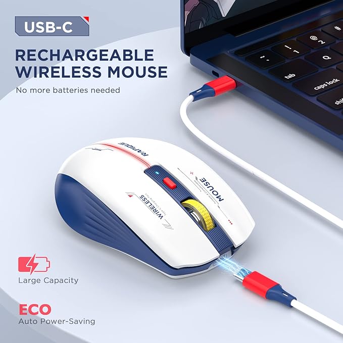 RAPIQUE Bluetooth Wireless Mouse - (BT1/BT2+USB) Tri-Mode High Performance, Rechargeable, Multi-Device Compatible with PC/Laptop/Computer/MacBook/iPad Air Pro (Blue and White)