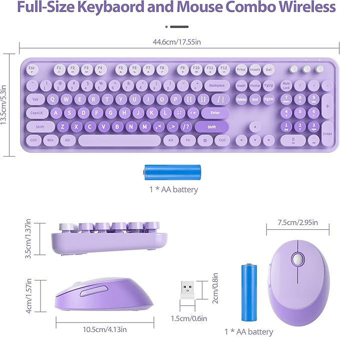 Cute Purple Keyboard and Mouse Combo Wireless, 2.4G Full Size 104-Key Retro Typewriter Keyboards Round Keys for Students Teenagers Home Office PC Laptop(Diary Purple)