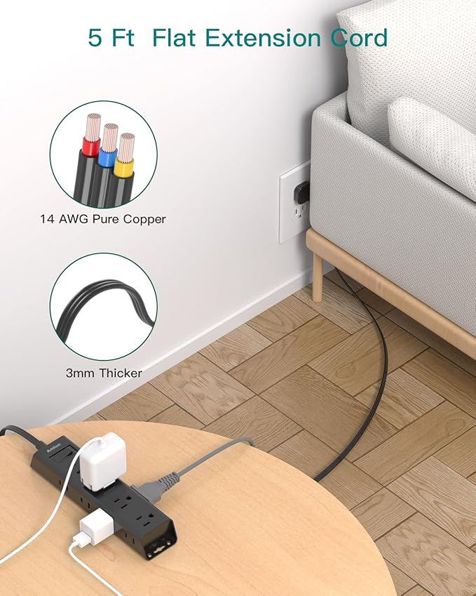 Extension Cord Flat Wall Plug - Surge Protector Power Strip with 12 Outlets, 5ft, Outlet Extender with Multiple Outlets, Wall Mount, Desk Charging Station for Home Office Dorm Room Essentials, Black